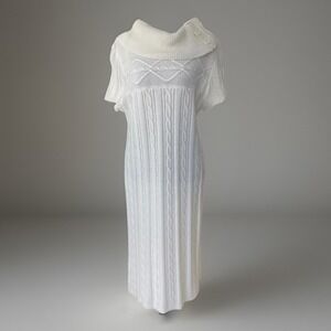 Dressbarn Cable Knit Sweater Dress Womens 14 White Short Sleeve Button Cowl Neck